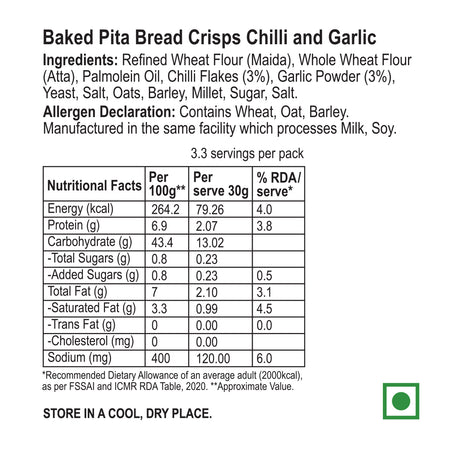 baked chilli garlic pita bread crisps nutrional facts