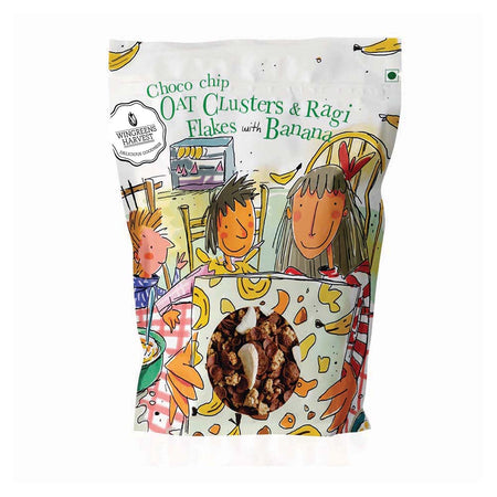 choco chip oat clusters and ragi flakes with banana