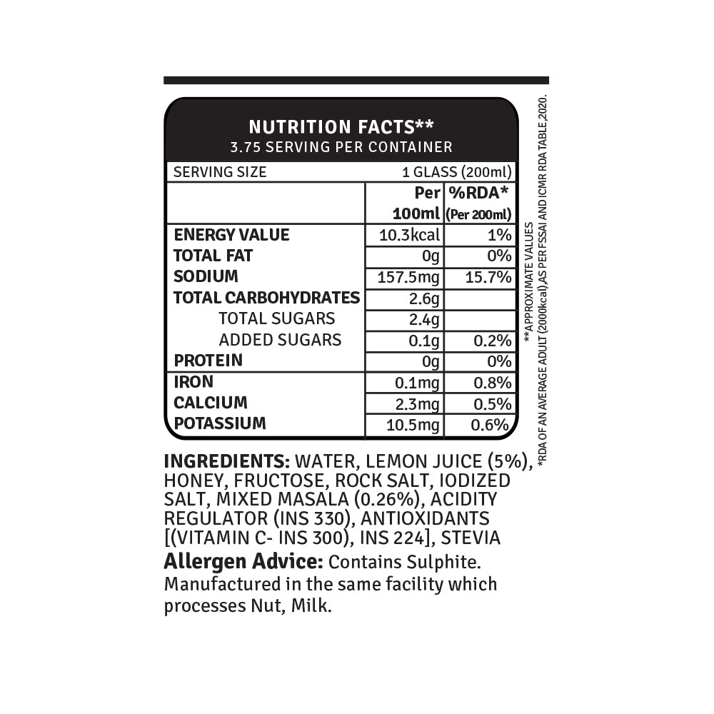 masala lemon 750ml - shikanji nutrition facts