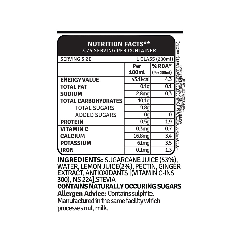 refreshers sugarcane 750ml nutrition facts