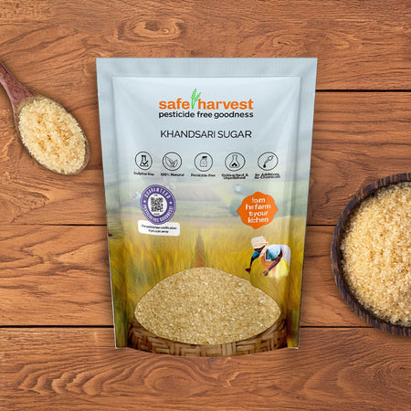 Safe Harvest Khandsari sugar pack - unrefined, sulphur-free, pesticide-free natural sweetener NABL lab tested.