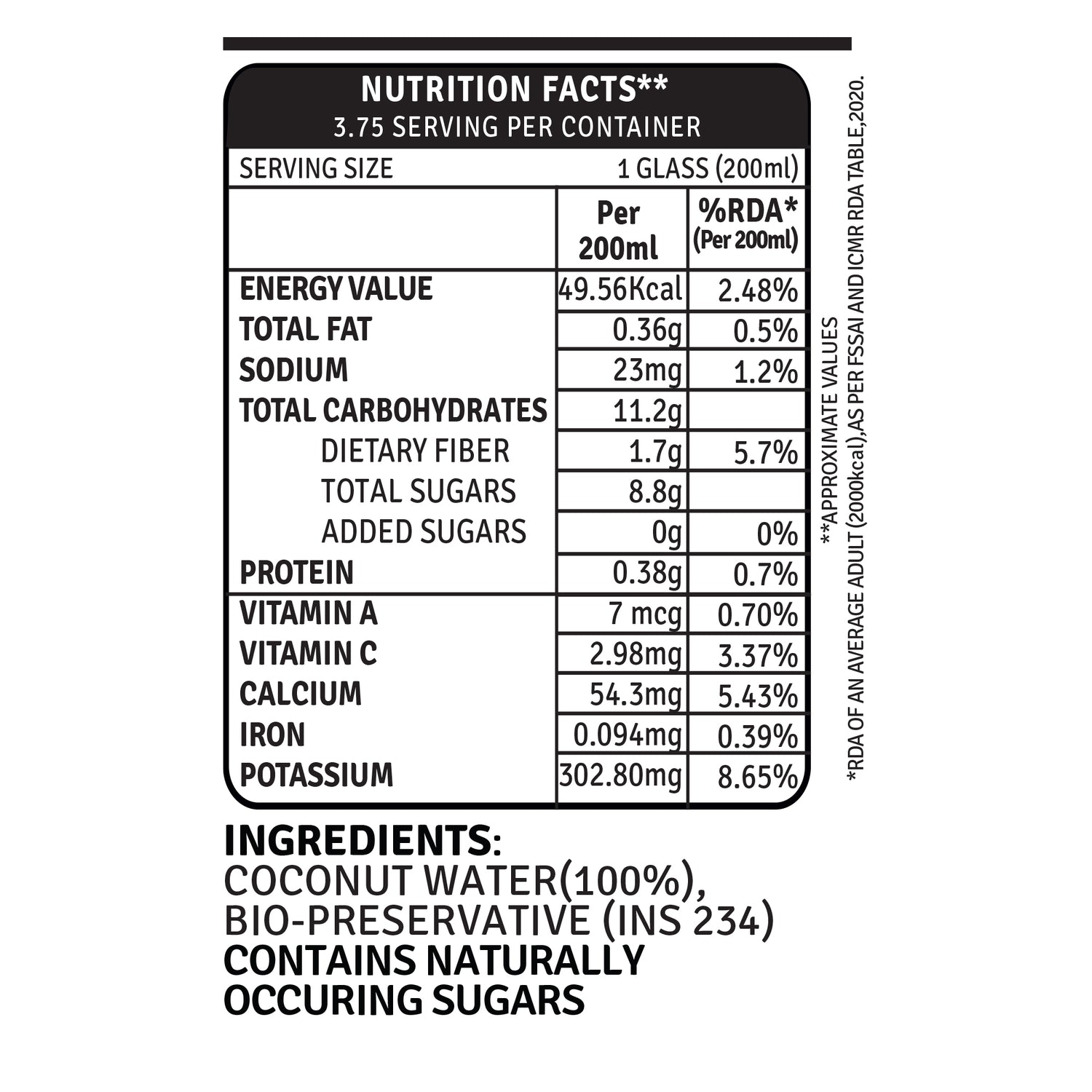 coconut water 750ml nutrition facts