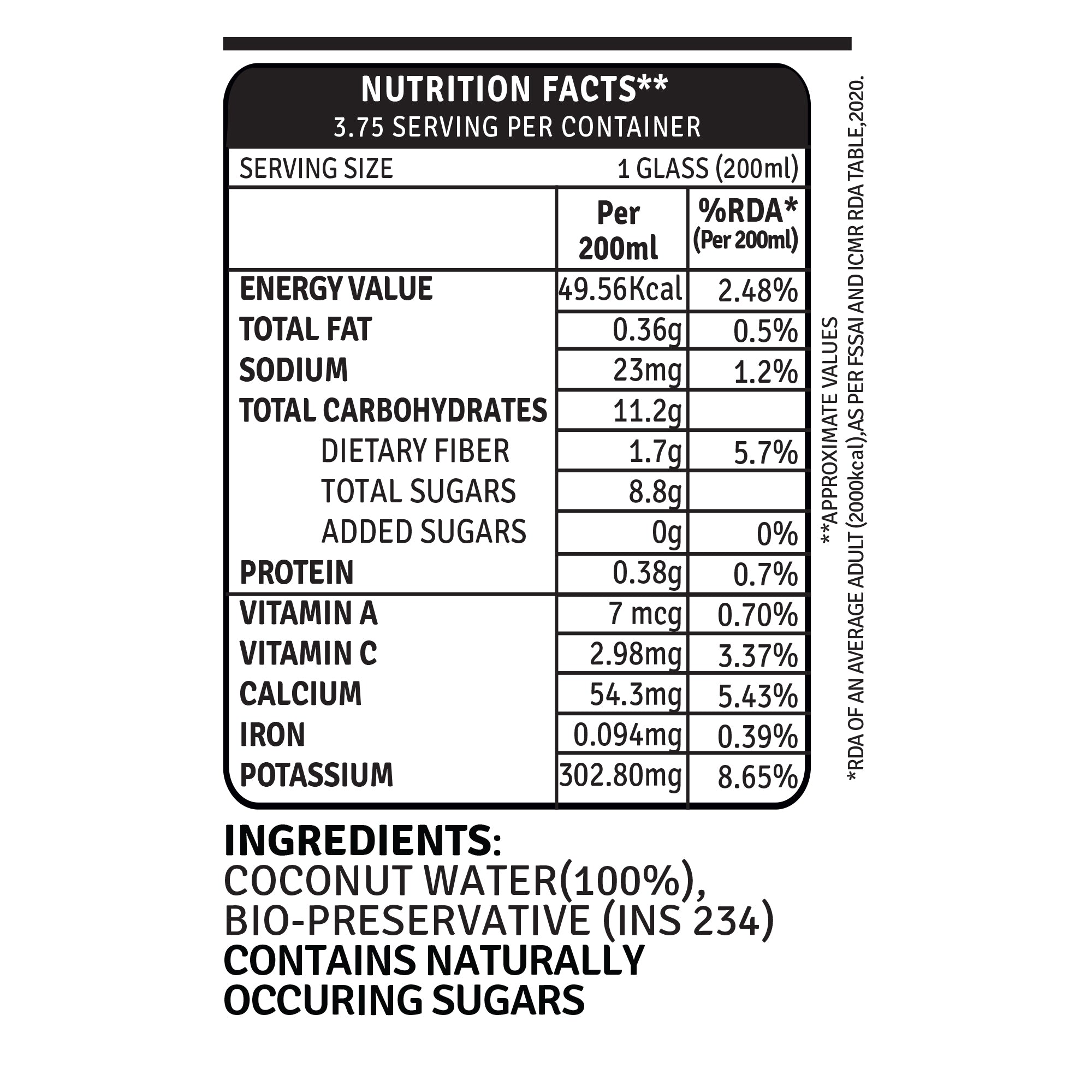 coconut water 750ml nutrition facts