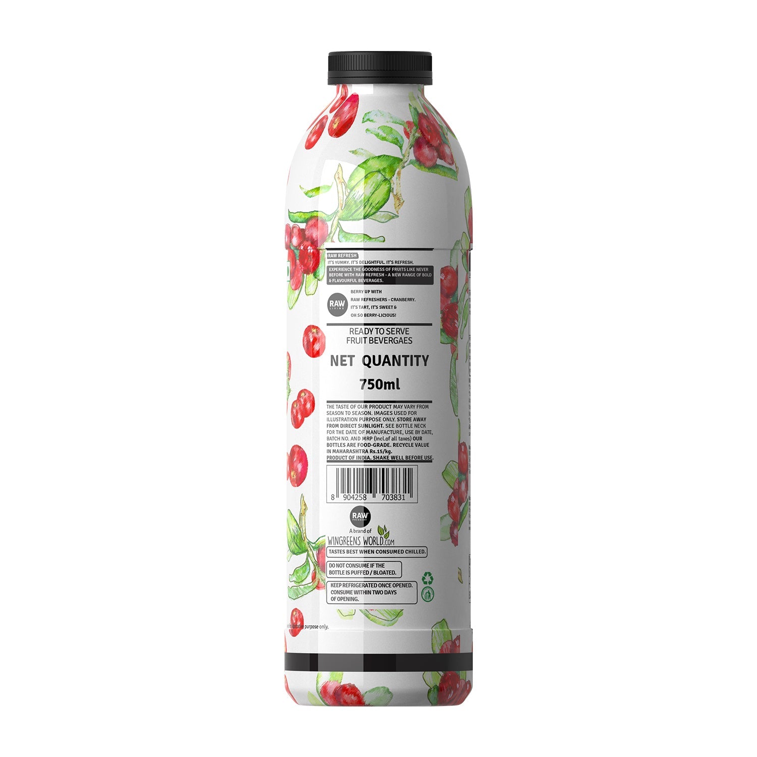 Raw Pressery Refreshers - Cranberry 750ML