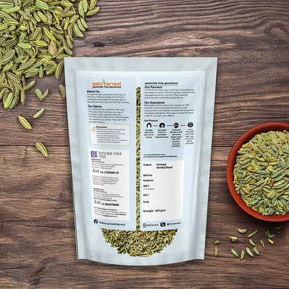 Safe Harvest pesticide-free fennel seeds saunf nutrition label and ingredient panel.