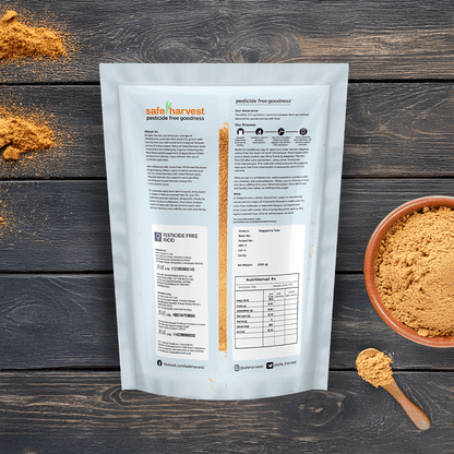 Safe Harvest jaggery powder lab test report - 230+ pesticide residues, heavy metals and aflatoxins tested every batch.