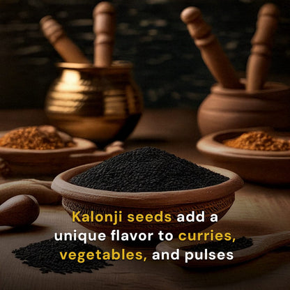Safe Harvest pesticide-free kalonji seeds add unique flavour to curries vegetables and pulses.