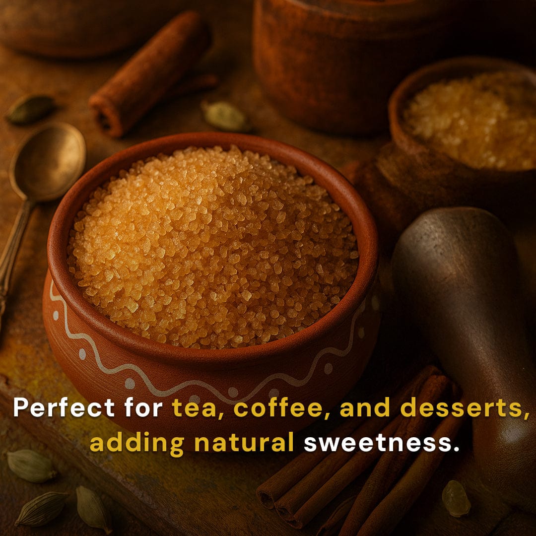 Safe Harvest pesticide-free Khandsari sugar perfect for tea, coffee and desserts - adding natural caramel sweetness