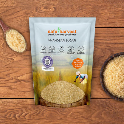 Safe Harvest Khandsari sugar pack - unrefined, sulphur-free, pesticide-free natural sweetener NABL lab tested.