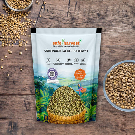 Safe Harvest whole coriander seeds dhaniya pack with seeds in a bowl on a wooden surface — pesticide-free and lab-tested.