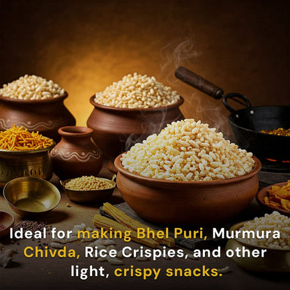 Safe Harvest pesticide-free puffed rice ideal for making bhel puri, murmura chivda, rice crispies and light crispy snacks.