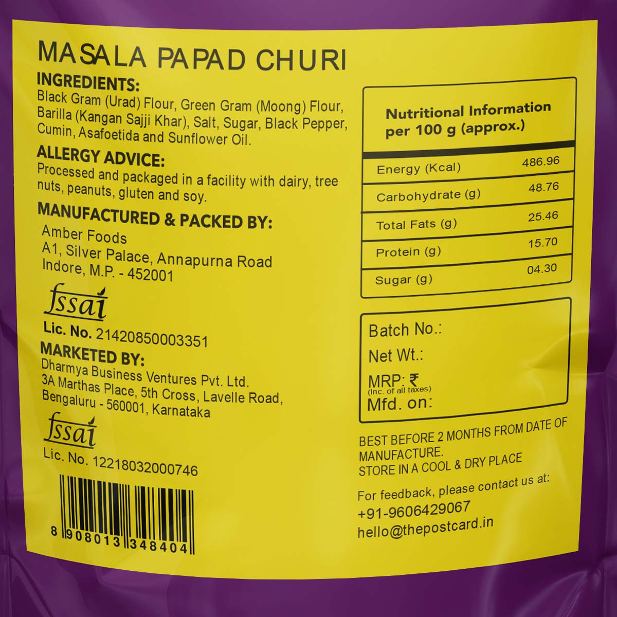 masala papad churi nutrition facts