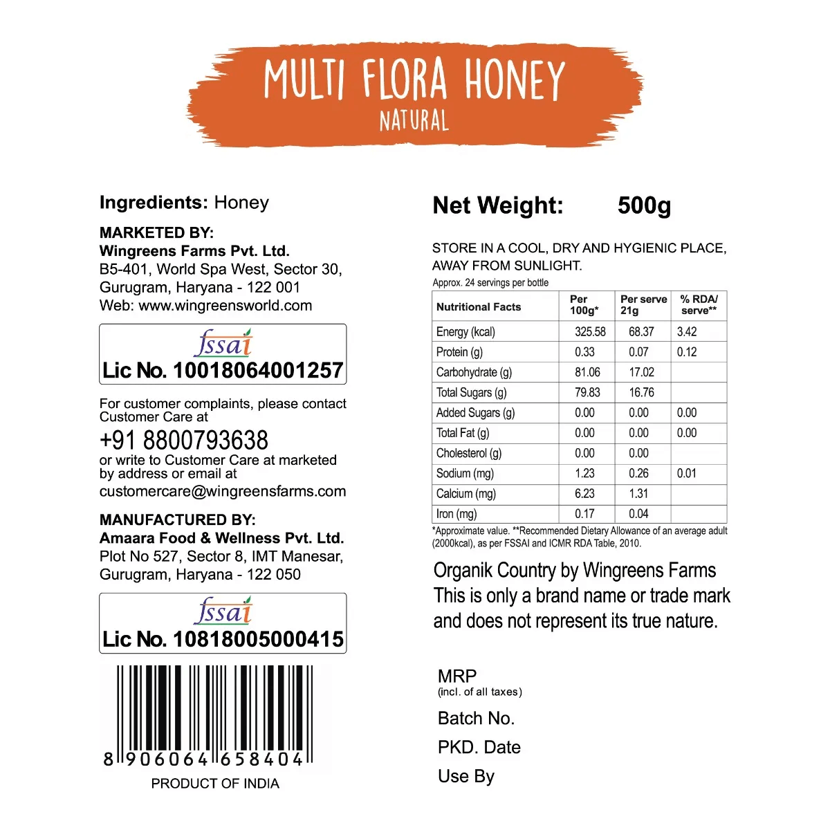 natural multi flora honey nutrition facts