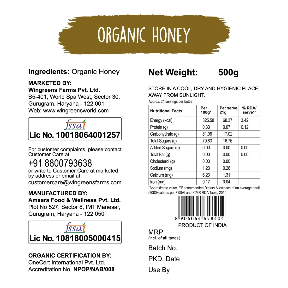 org honey nutrition facts